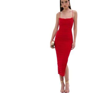 Akira Womens Shine Bright Ruched Bodycon Midi Dress Red Mesh 6 New